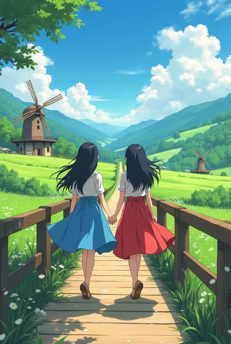 • Prompt:  "Two age 20 girls, Nena and Neneng, best friends, walking hand-in-hand across a wooden bridge in a lush green valley, Hayao Miyazaki style, bright sunlight, flowing dresses,  windmills in the background, whimsical and joyful mood, 3:4 aspect rat...