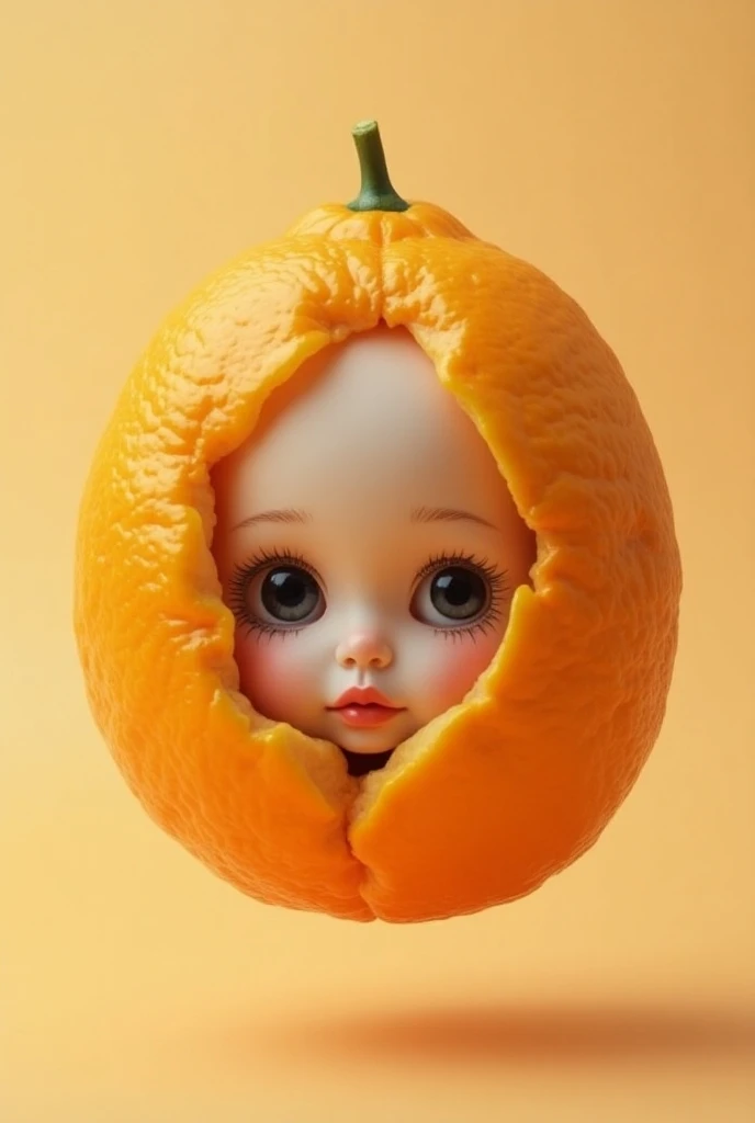 Illustration of a dolls face blooming inside a tangerine