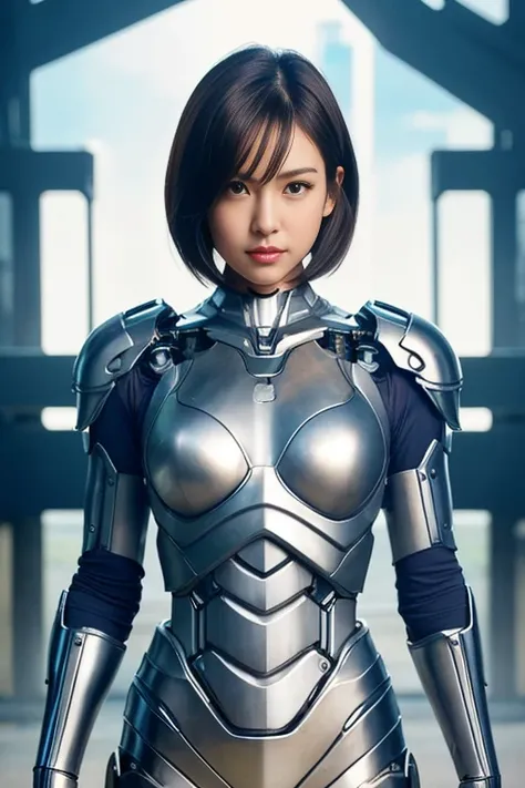  upper body、((Real Photo))、 ONE CYBORG GIRL、Looking at me sideways、 beautiful well-groomed face、 BALANCED FACE 、 dark hair short hair 、 white skin、 slender body 、 Toughened Abs、Thin chest、 cleavage、Armor with mechanical details、Metallic outfit、Mechanic hea...