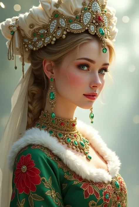 ((Best Quality))、((masterpiece))、( Details)、Fair-skinned、Blue Eyed、 A beautiful Russian princess wearing a national costume Russian national is smiling、A hat and dress with a red flower pattern based on green 、 wearing large diamond and emerald earrings an...