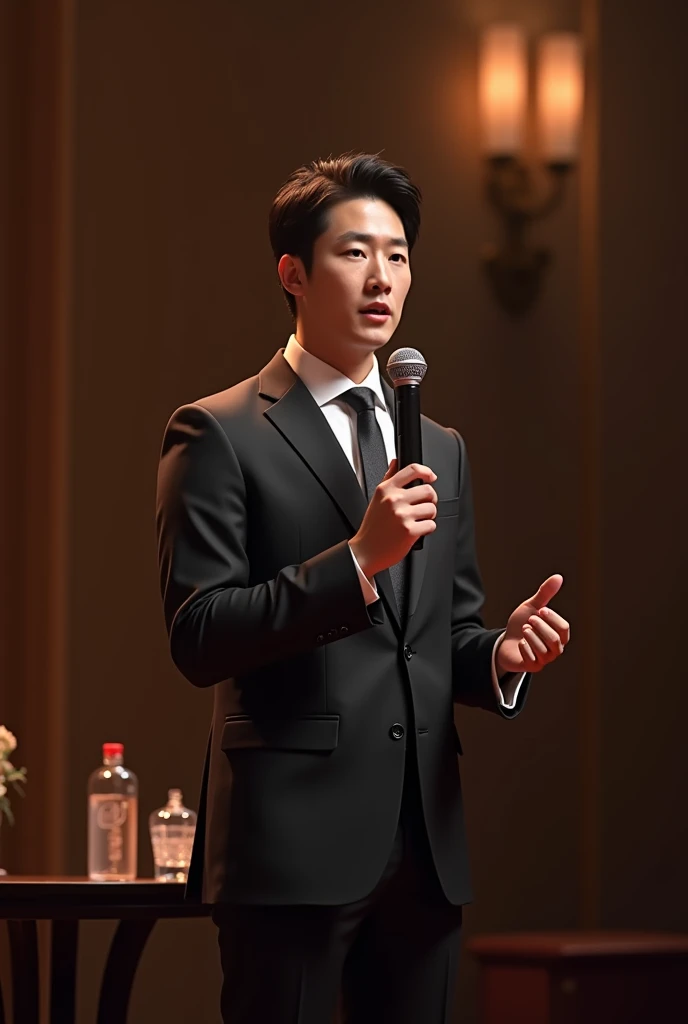  A handsome Korean gentleman in his 30s., He is wearing a ,  suit holding a microphone ,  giving a speech on stage ,16:9,  hyperrealistic,Naked 