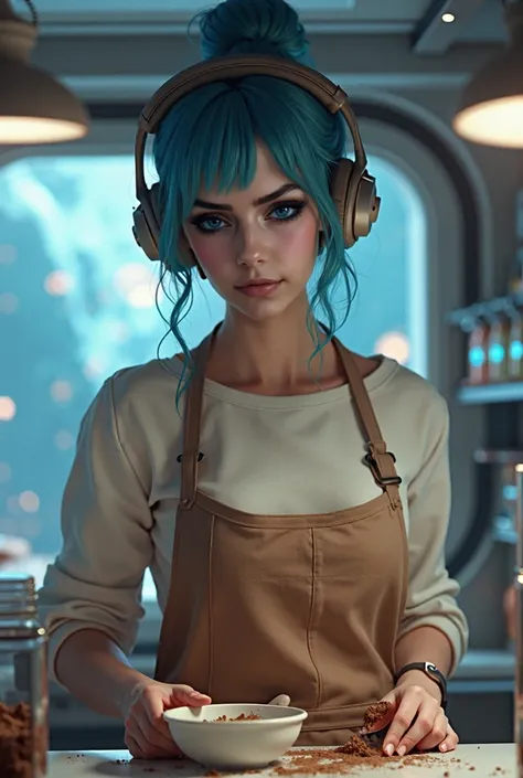 ultra realistic professional full body camera((( natural moment of a blue-haired woman in casual home attire baking in a high-tech space station kitchen, wearing comfortable apron with small chocolate stains, wireless headphones as she hums while mixing ca...