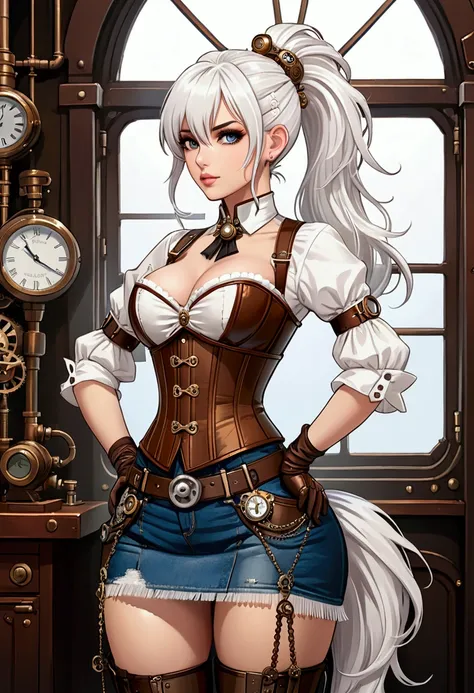 A sexy and beautiful ((steampunk girl)), ((white fringe + ponytail hairstyle)), ((brown corset)), ((jeans skirt)), fishnets, ((elaborate white hairstyle)),  big sagging breasts 