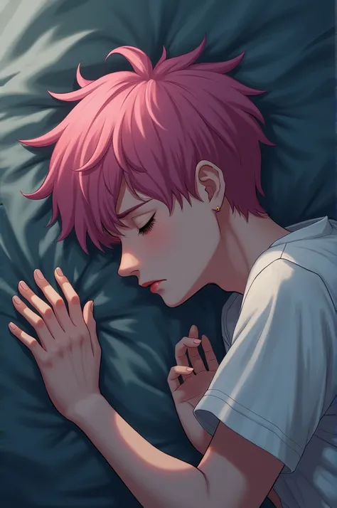 A college student in his 20s who is 170 tall and has pink hair is lying down, comforting himself, and cheering