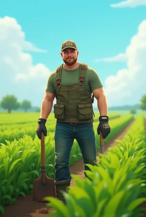 "Create an image of MrBeast, a popular YouTuber, dressed in casual clothes, working in a green, open farm field. He’s surrounded by rows of crops, wearing a cap and gloves, and using farming tools like a hoe or spade. The sky is clear with a few clouds, an...