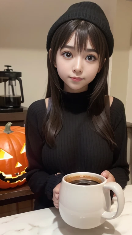 8k high definition quality、A room decorated for Halloween、halloween sweater, Cute Sweater、state of the art coffee maker、 cute high school girl