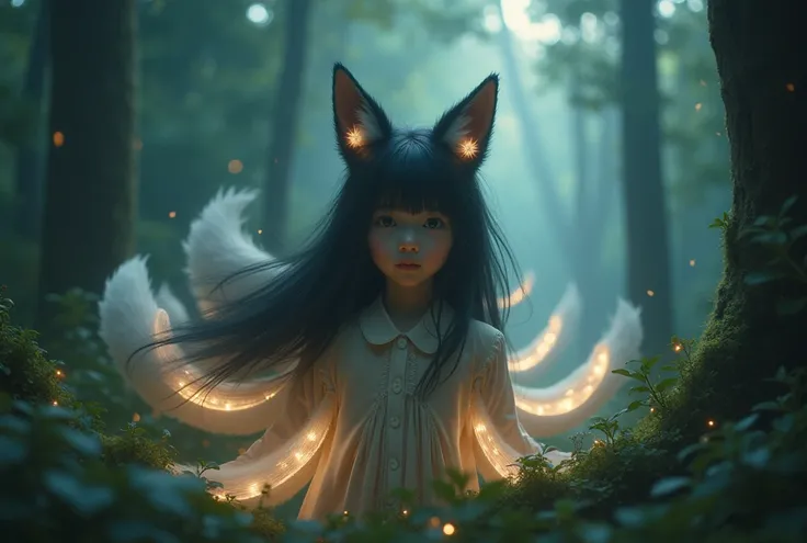 Dark-haired girl with fox ears, 9 glowing fox tails, magical forest, lights, realistic photos. Cinematic photo. 