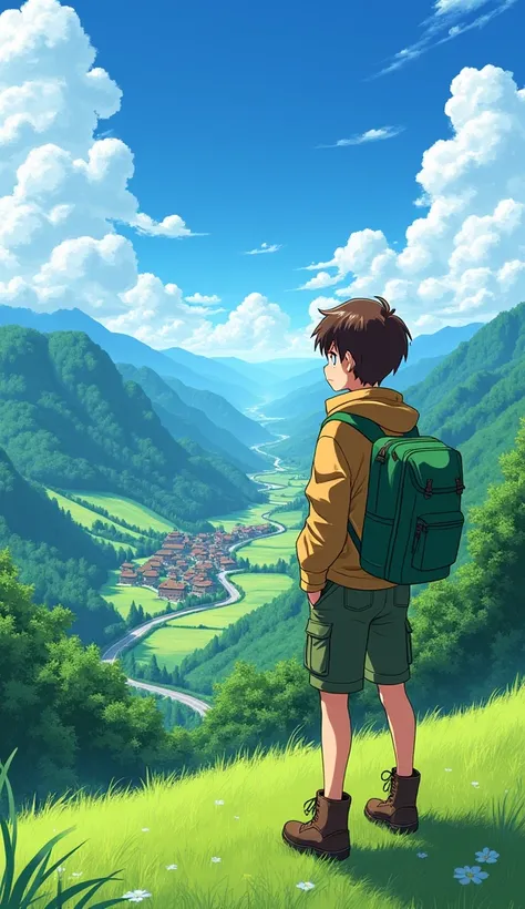 "A young man with short brown hair and blue eyes, wearing a tan hiking jacket, green cargo shorts, and brown hiking boots, stands on a grassy hill overlooking a valley. He has a green backpack on and his hands are in his pockets. The valley below is filled...