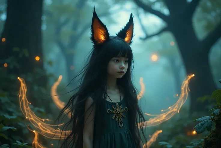 Dark-haired girl with fox ears, 9 glowing fox tails, magical forest, lights, realistic photos. Cinematic photo. 