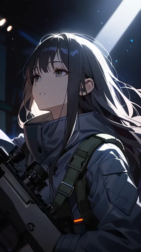 1 girl, (Cold look),  long hair,  sniper rifle that targets from a height, Military coat,  small breasts,  Monitoring Posture , break, (Dramatic light:1.4),  Shadow Highlight , Dark Tone, Quiet Battle , break, 高所から狙う,  Enemy Front ,  tight air ,  Strategic...