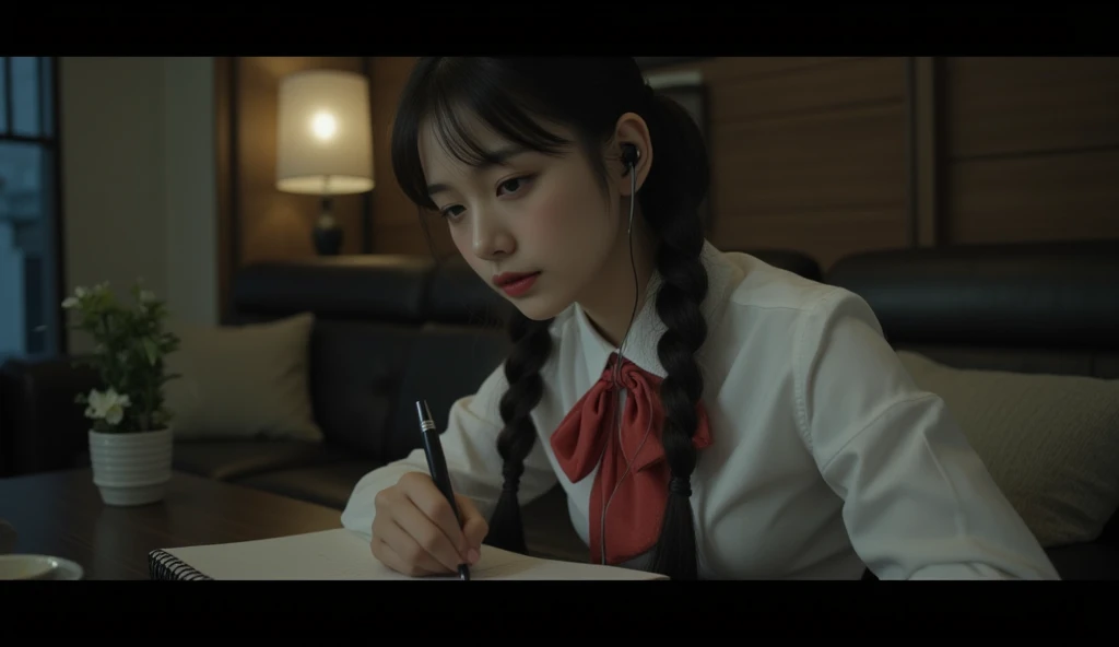  an 18-year-old young girl with double ponytails，Looks like European and American movie star Finn Wolfhard ，Big breasts， in a white shirt ，Red bowtie， black pleated skirt ，Shes a dumb 。 close-up of her hand sitting in the living room corner ，Wearing earbud...