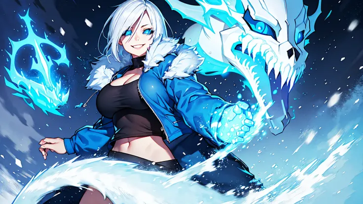 Sans Blue Jacket Black Shirt Fire Eyes Skull Smile Long Lashes White Short Hair Luminous Face Blue Dragon Skull Cannon One Person Standing In Snow Town Femininefull Super huge big breasts breast enlargement full-body shot