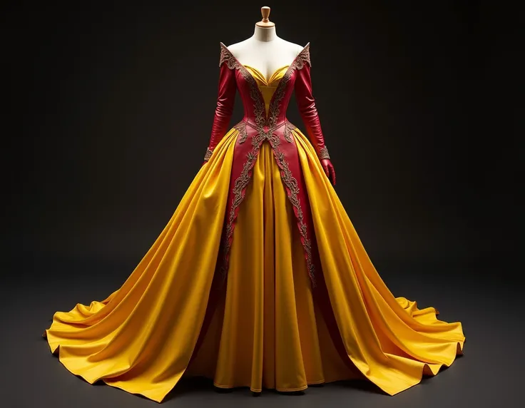 Design me a ballgown dress that represents Jean grey from X-men and display it on a full body mannequin, add details onto the dress. Make it Yellow and red and also leather material too like a superhero