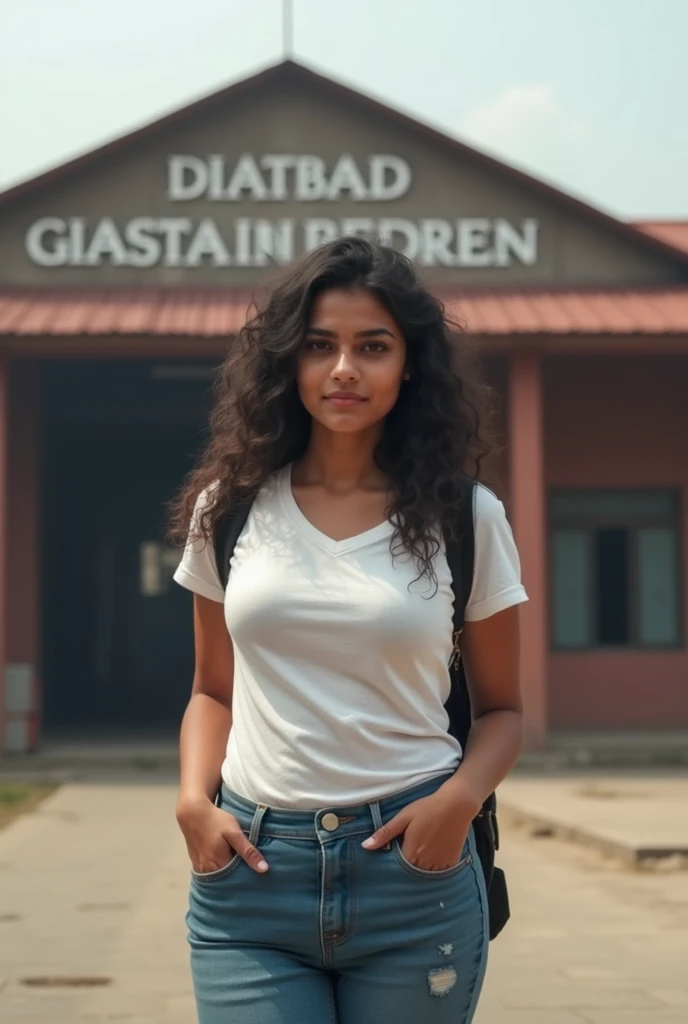 A girl who is a resident of Dhanbad and is fair, has big boobs, big hips, she is in a T-shirt and jeans, has a round face and is standing outside Dhanbad station for college and Dhanbad Junction is written on the back and the background is not blurred