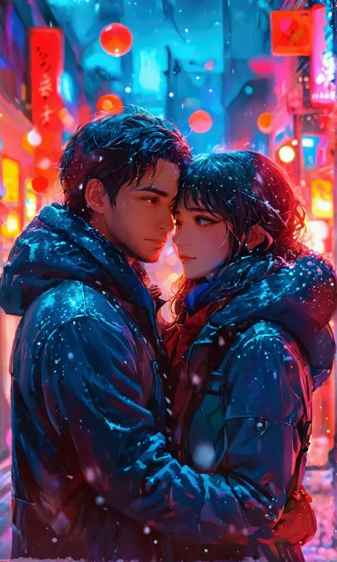 A man and a woman are hugging each other in the city at night,Manga style art ,Manga style art ,Manga style art ,Manga style art 、Gazing at each other、Neon lights illuminate、 Its Snowing 