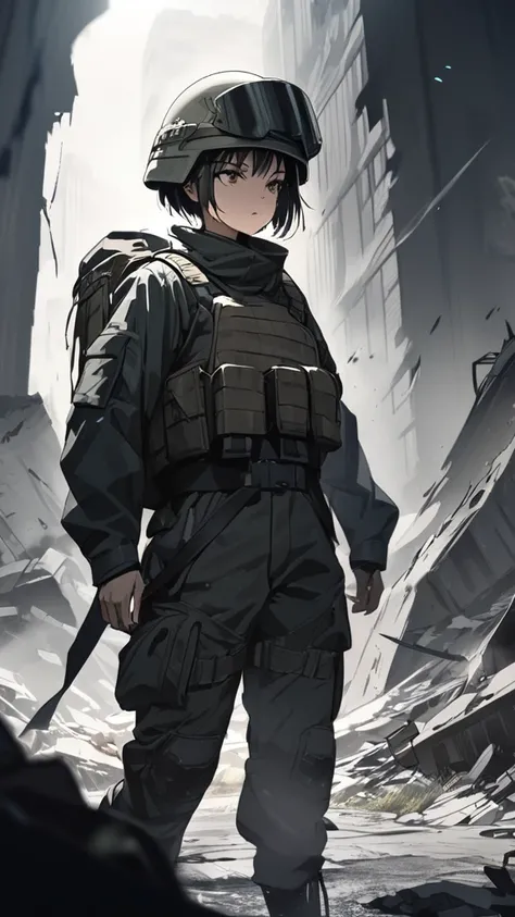 1 girl, (A look of determination),  sharp short hair ,  combat helmet , Army shirt ,  tactical pants ,  small breasts, Fighting spirit, break, (sharp light :1.3), Light and dark contrast,  Cold Tones ,  tense scene, break, Ravaged Battlefield,  silhouette ...