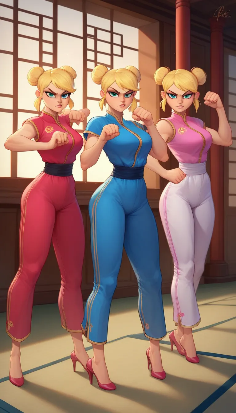 lola loud, 3girl, trio, 24yo girl, large breasts, pink cheongsam,  inside of a chinese temple, looking at viewer, blonde hair, two hair buns , hands  score_9, score_8_up, score_7_up, high heels, teep fighting stance,martial arts, triplets, long pants, pant...