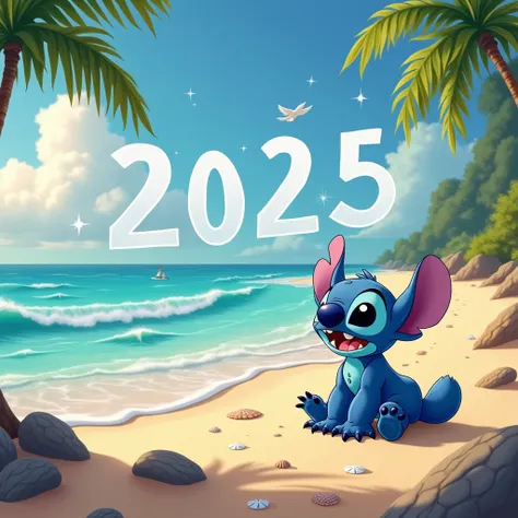 Stitch sur la plage avec écrit lannée 2025