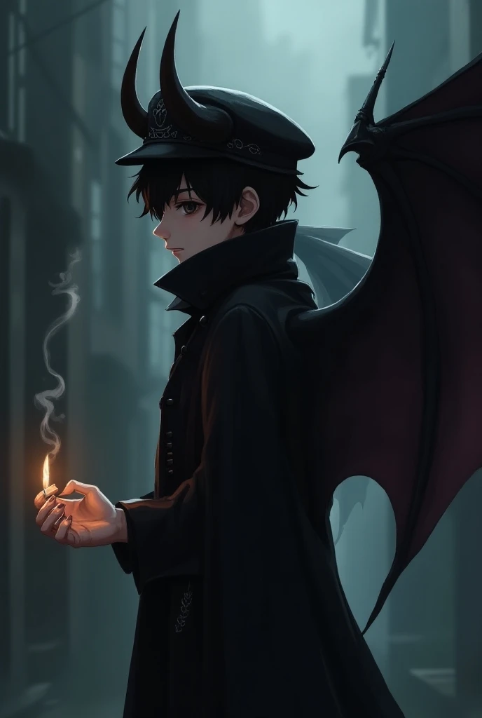 A boy into a dark anime character with horns and wings and hat and cigarette 