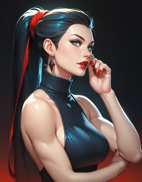 female black sleeveless turtleneck with bare shoulders and racerback, bare toned arms, beautiful faces,red nail, red lips, black haired long ponytail with showing forehead, black earrings, soft smooth skin, pale skin, black background, blue eyes, sci-fi