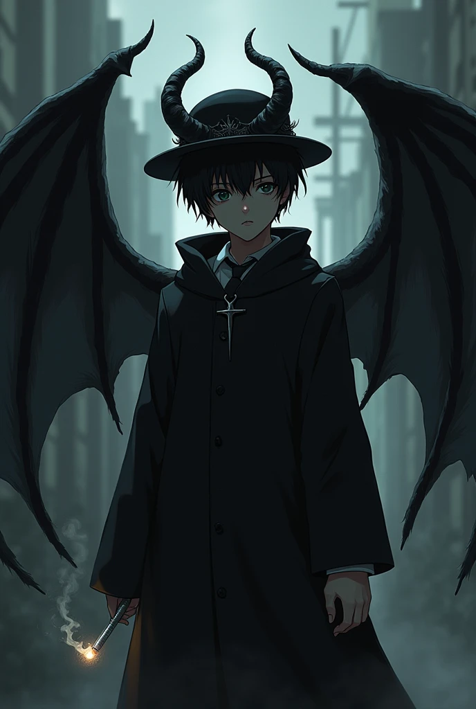 A boy into a dark anime character with horns and wings and hat and cigarette 