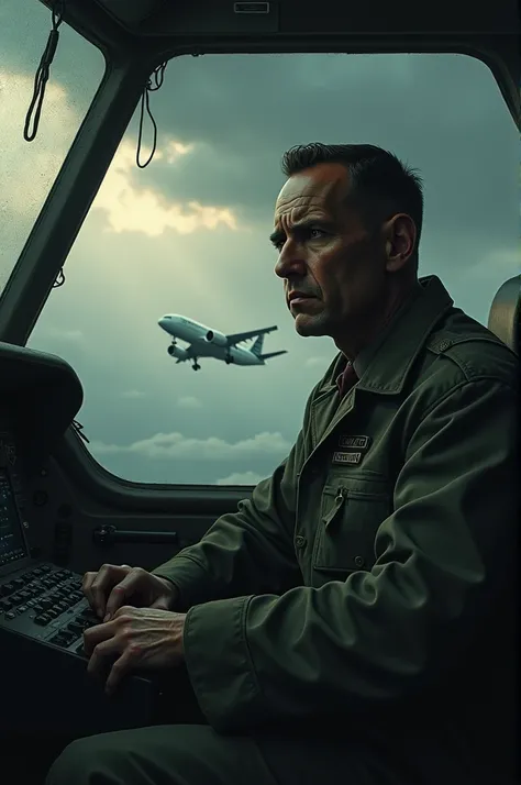 A grimly sad and desperate pilot waiting for his final moments on a plane about to crash 