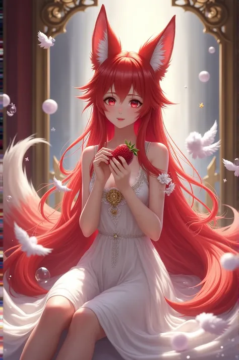 the beautiful girl nine tailed ahri using white elegant dress, long red hair, fox ears, sharp look, took place in high detailed shrine, sit down in the white feathers with many bubbles, holding red strawberry