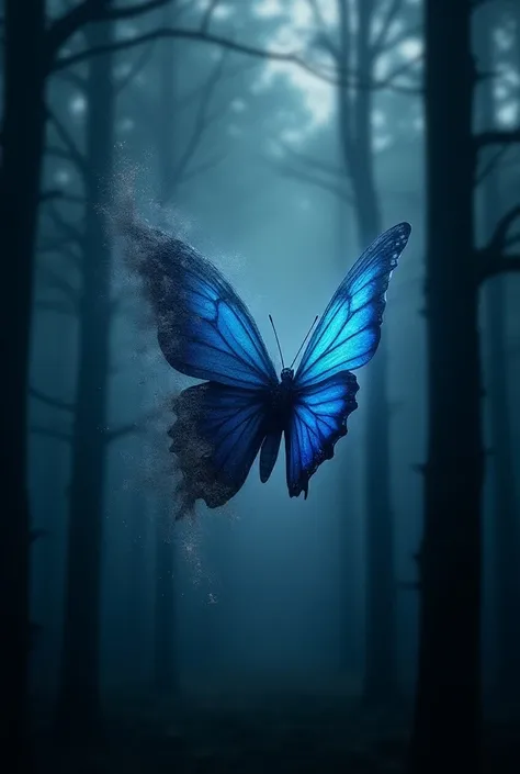 Book cover with a blue butterfly with a wing turned to ashes and being carried slowly by the wind in a dark forest 