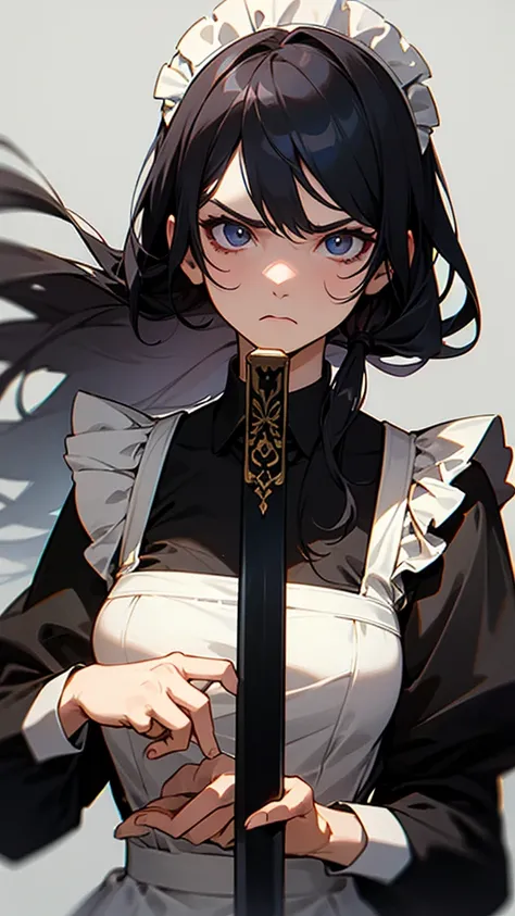  high resolution on down, Long Hair、Maid girl working in a mansion、 black maid clothes、 holds a sword in front of her face。Angry girl 、 upper body