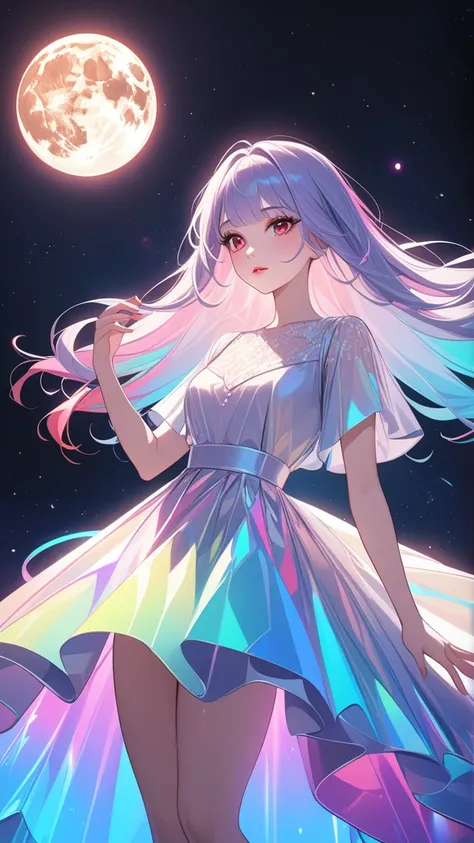 masterpiece,  best quality :1.3,  1girl, moon dress,  giant girl  , floating,space ,moon , holding moon ,  detailed face ,  red eyes , beautiful lips,  drawn in detail ,   long lashes , delicate facial features,   expressive face  ,  detailed skin texture ...