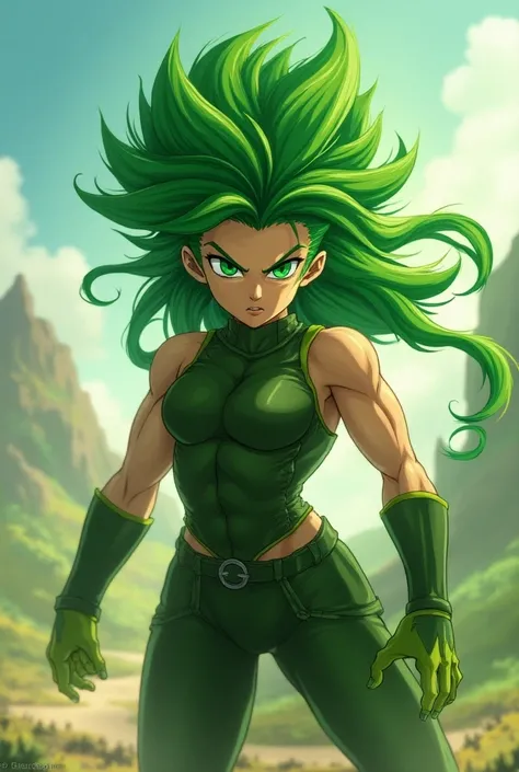 Kefla, long spiky green hair, tight outfit, green pupil, green aura 