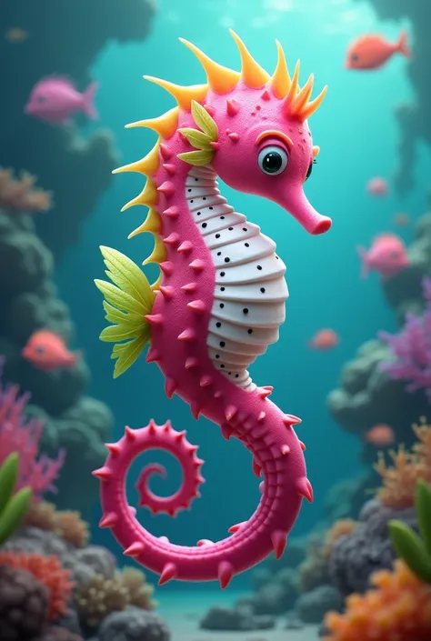 "A whimsical seahorse with the vibrant, colorful features of a dragon fruit. The body of the seahorse is covered in pink and white scales, resembling the vivid skin of a dragon fruit, with bright green leaf-like fins extending from its back, mimicking the ...