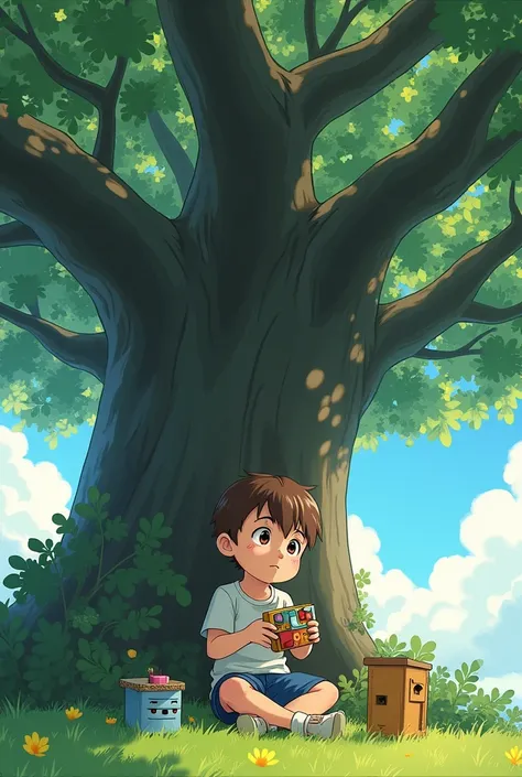 Anime image of a  boy sitting under an oak tree, playing with some block type gadgets and smiling softly.