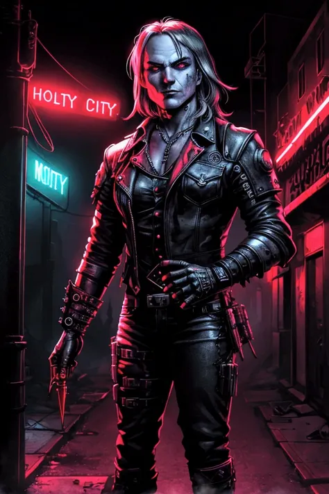 neon light, vampire, blood, madmax style city