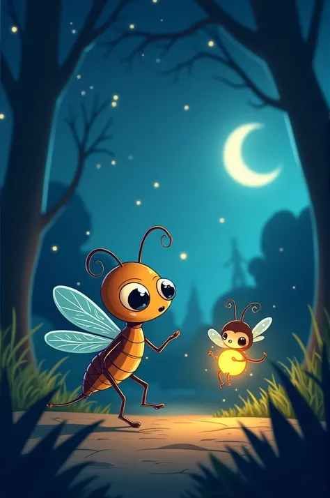 mosquito and firefly flying in the dark. Make it cartoon