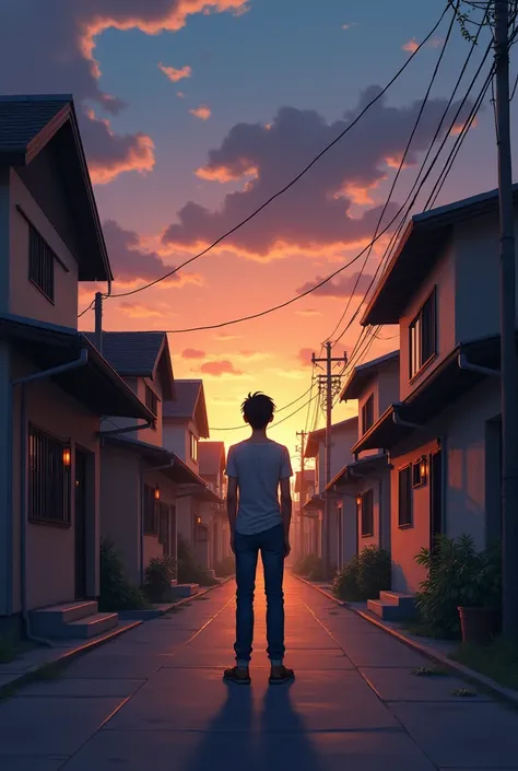 A small, quiet town at dusk. The scene shows a young man named Aman, in his late 20s, standing in the middle of a narrow street. He has short black hair, wearing a simple shirt and jeans, looking around with a calm yet curious expression. The street is lin...