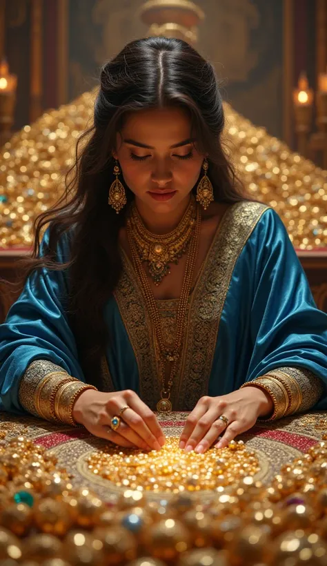 Location: The royal treasury, surrounded by piles of jewels and wealth.
Description: Queen Madhavi, 30, in blue and gold attire, places her jewelry on a table with a look of determination. Her loose hair frames her face, reflecting compassion and sacrifice...