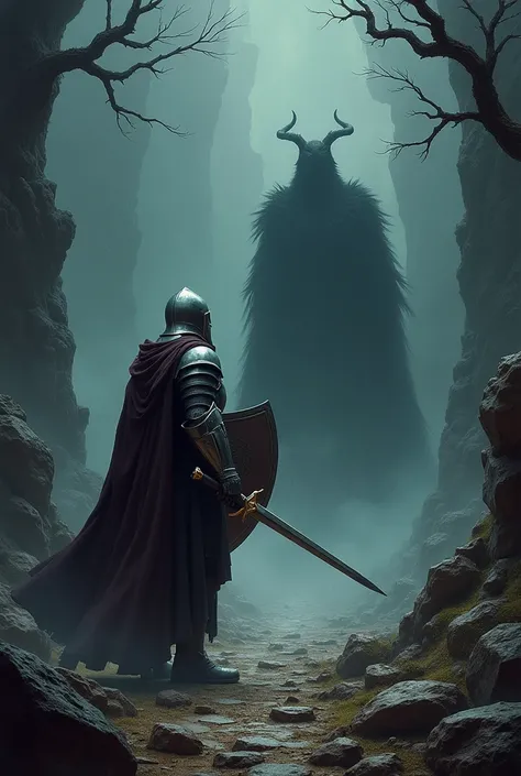  Create a dramatic and evocative image of a knight dressed in full armor ,  holding a brilliant sword in one hand and an ornate shield in the other .
 It is in a challenging and dark environment ,  with a landscape marked by deep shadows and elements such ...