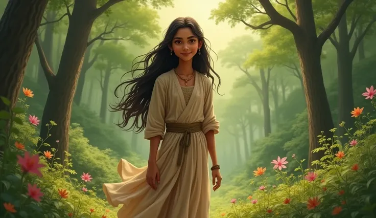 
_"Create an image of Shakuntala, a beautiful and simple young girl, in a lush forest setting. She has soft, innocent facial features, long flowing hair, and wears a traditional Indian outfit in earthy colors. Her expression is calm and serene, highlightin...