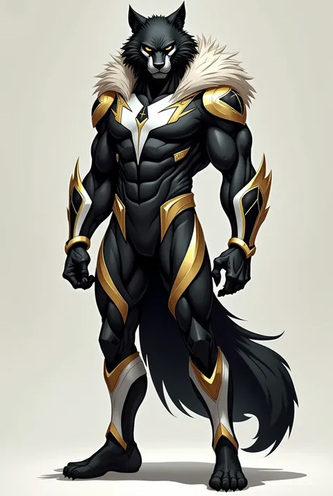 Black panther coustium Like a super hero image but with wolf style and block color and white and golden color It has the fur of a lion coustium