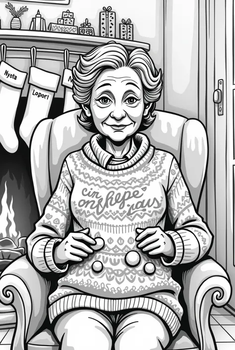 Comic book style, line art, looks hand drawn, old woman, sitting in chair, living room, fireplace with Christmas stockings, stockings have names on them Nyota Lopori Rennu, Christmas decorations, holding an ugly knitted sweater (pompoms, patches), she made...