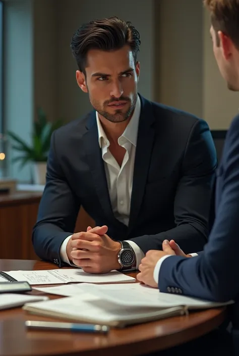 (High quality) A handsome muscular young man ceo wearing a suit  with dark hair sitting on the table in front of the handsome young man wearing office clothes Organizing the papers making eye contact (gay) 