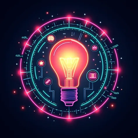 "Design a futuristic, neon-themed profile picture for a facts channel, with a central light bulb surrounded by glowing circuit-like lines connecting to small icons representing different topics (like a brain, telescope, book, and star). Use bright neon col...