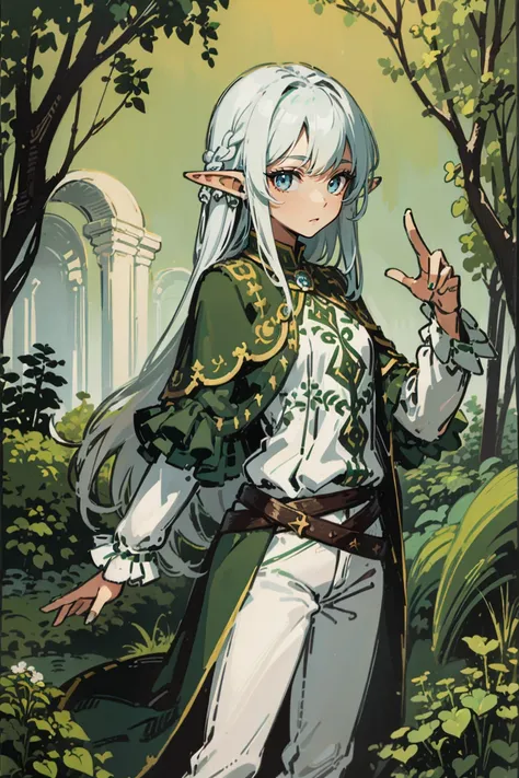 

((masterpiece)),(((best quality))),(character design sheet, same character, front, side, back), elven woman, ((side view:0.5)) anime girl, Gesture, character design. ((green eyes)). 1girl, solo, teenager, ((white hair)), ((green eyes)), pants, long sleev...