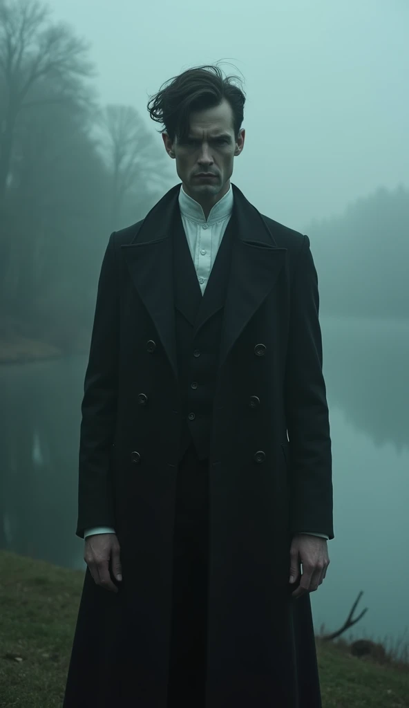 A skinny men, short curtain hair, wearing aristocrat outfit from victorean era, elegant temprament, the classic photo of culth era, mystique magic, gothic culture, at the spooky lake with fog effect, in the dark dawn theme, the witches of supernatural, hor...