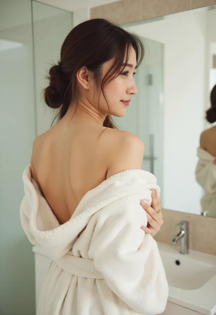 a asian woman, removing bathrobe in a bathroom. viewed from behind. her back is beautifully clear. she is turning back and smili...