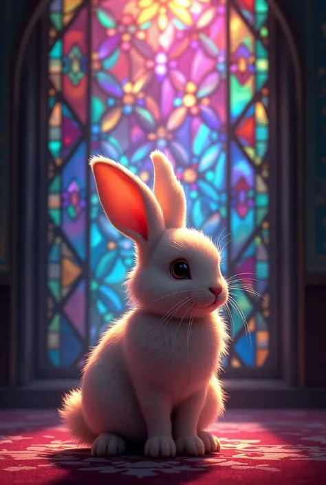 A rabbit illuminated by stained glass