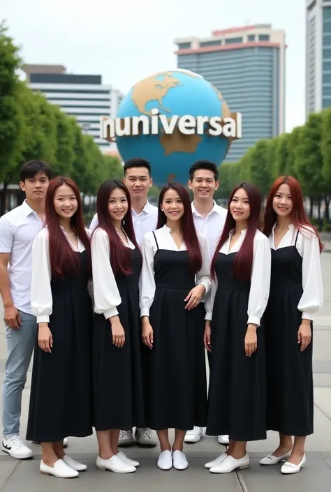 professional photography A globe surrounded by the words "universal" complete with buildings and trees located on Sentosa Island, Singapore
looks very complete...in the foreground Five beautiful Asian women with long maroon hair wearing them are dressed in...