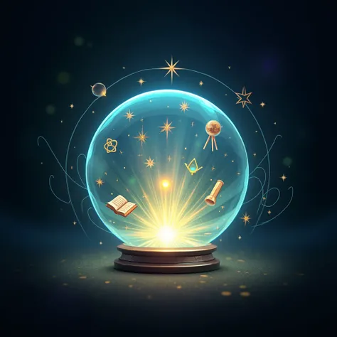 "Create a YouTube profile picture featuring a translucent, glowing crystal globe or orb at the center, with small symbols like a book, atom, telescope, and star embedded within it. The orb should radiate soft, multi-colored lights, giving a mystical feel. ...