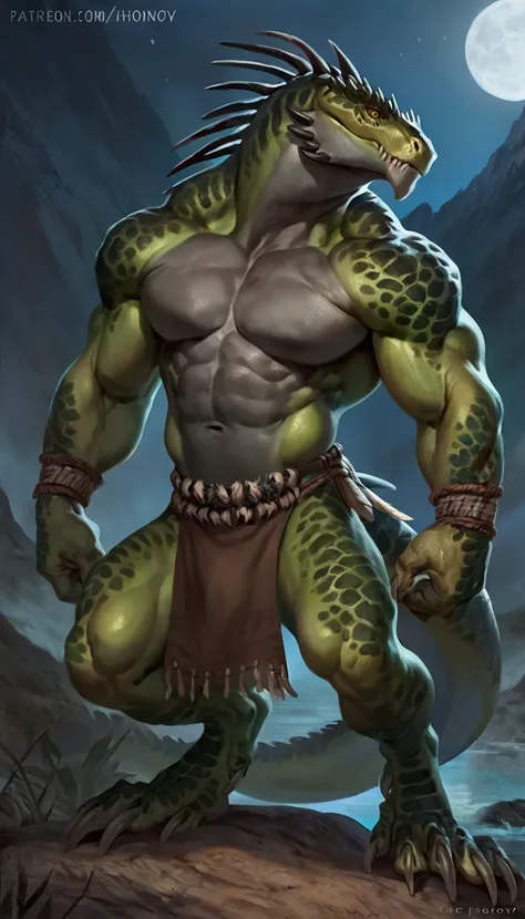 Muscular monster lizardfolk, solo, pants, mercenary, dark green body, black belly, 1male solo, anthro, muscular, wide back, small waist, thick tail, thick scales on the shoulders, marked jaw, pecs, big pecs, pants, tribal clothing, loincloth, full body, co...